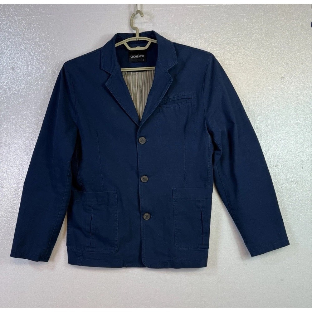 ChouYatou Denim Button Up Jacket Womens Sz L Blue Elbow Patches Chore Barn Coat